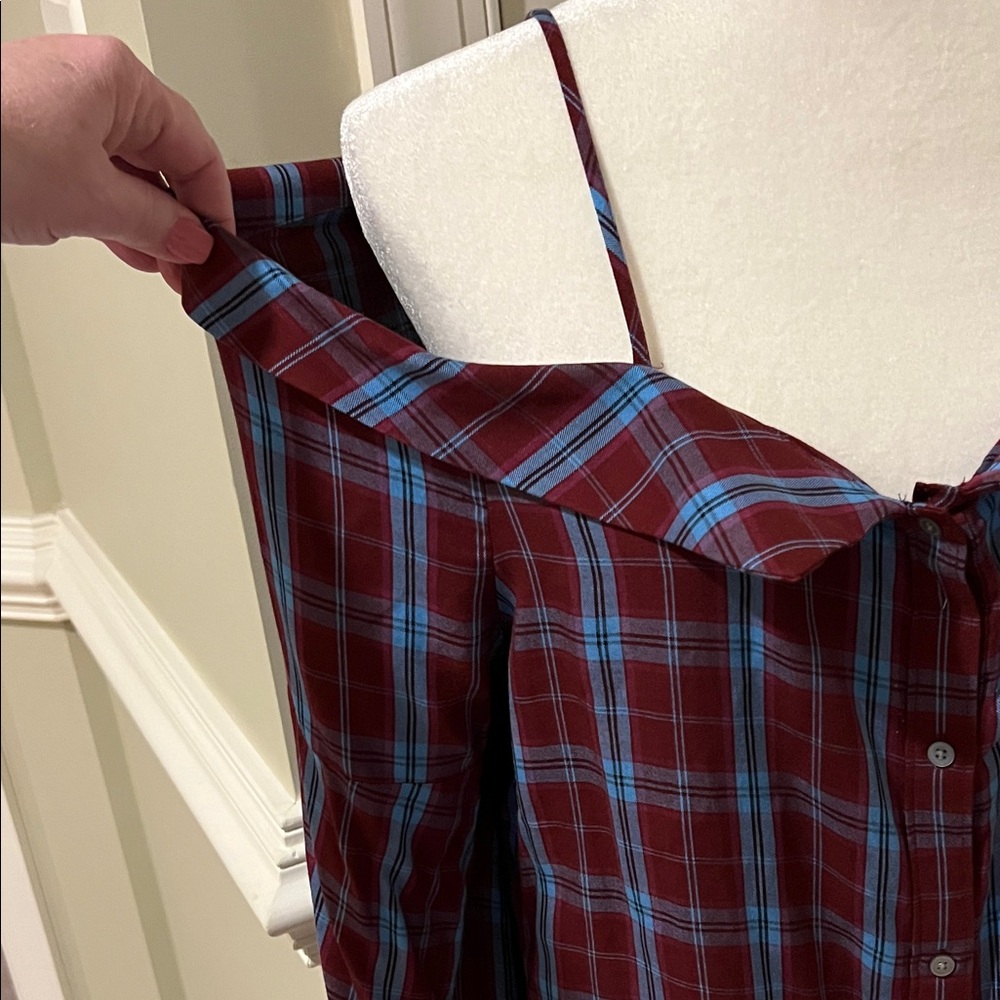 LOFT Burgundy and Blue Plaid Off-Shoulder Blouse, NWOT, XL